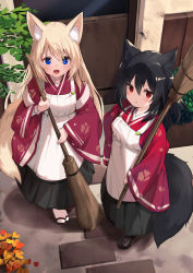 Rule 34 | 2girls, :d, animal ear fluff, animal ears, apron, black footwear, black hair, black skirt, blonde hair, blue eyes, blush, broom, brown footwear, clothing request, copyright request, fox ears, fox girl, fox tail, from above, frown, full body, geta, highres, holding, holding broom, long hair, looking at viewer, maid, multiple girls, open mouth, outdoors, plant, red eyes, red shirt, sandals, shirt, skirt, smile, sweeping, tail, very long hair, wa maid, white apron, white legwear, yoshizawa tsubaki, zouri