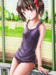 Rule 34 | 1girl, arm support, black hair, blush, bow, chain-link fence, collarbone, fence, hair bow, looking at viewer, one-piece swimsuit, original, phazer, purple eyes, railing, school swimsuit, short hair, solo, swimsuit