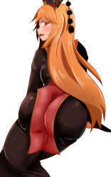 Rule 34 | 1girl, absurdres, ass, black dress, blush, chinese clothes, dress, from behind, hat, highres, huge ass, junko (touhou), long hair, looking back, lying, matching hair/eyes, on side, open mouth, orange eyes, orange hair, shiny clothes, skin tight, solo, tight clothes, touhou, very long hair, youjohan