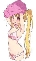 Rule 34 | 1girl, blonde hair, blush, bocchi the rock!, bra, cowboy shot, cropped legs, flying sweatdrops, highres, ijichi nijika, lifted by self, long hair, mel (melty pot), navel, one side up, open mouth, panties, pink bra, pink panties, red eyes, simple background, solo, underwear, underwear only, undressing, white background