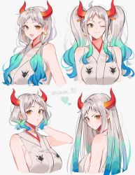 Rule 34 | 1girl, alternate hair length, alternate hairstyle, breasts, earrings, expressions, horns, japanese clothes, jewelry, joman, kimono, long hair, looking at viewer, low twintails, multicolored horns, one eye closed, one piece, oni, orange horns, red horns, short hair, sleeveless, sleeveless kimono, smile, twintails, twitter username, upper body, variations, wavy hair, white background, yamato (one piece)