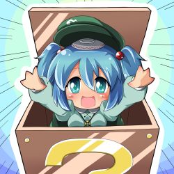 Rule 34 | 1girl, ?, block (object), blue eyes, blue hair, blush stickers, box, chibi, female focus, hair bobbles, hair ornament, happy, hat, in box, in container, jinnouchi akira, kawashiro nitori, key, matching hair/eyes, object on head, saucer, solo, touhou, twintails, two side up