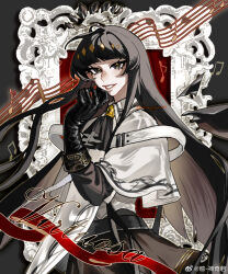 Rule 34 | 1girl, antenna hair, arknights, artist name, ascot, belt, belt buckle, black ascot, black belt, black eyes, black gloves, black hair, black halo, black outline, black skirt, black sleeves, black wings, blunt bangs, broken halo, buckle, character name, chinese commentary, chinese text, collared jacket, colored inner hair, commentary request, cowboy shot, dark halo, detached wings, empty picture frame, energy wings, eyelashes, floating hair, from side, gloves, grey background, grey hair, grey shirt, halo, hand on own face, hand to own mouth, hand up, highres, hime cut, jacket, layered sleeves, lips, long hair, long sleeves, looking at viewer, looking to the side, miniskirt, mole, mole under eye, multicolored hair, musical note, open mouth, outer glow, outline, pale skin, picture frame, pleated skirt, shadow, shirt, short over long sleeves, short-sleeved jacket, short sleeves, sidelocks, signature, skirt, smile, solo, staff (music), standing, teeth, two-tone hair, variant set, very long hair, virtuosa (arknights), watermark, weibo 6101652766, weibo logo, weibo watermark, white belt, white jacket, wide sleeves, wing collar, wings, yellow pupils
