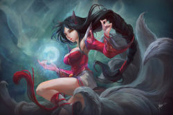 Rule 34 | 1girl, ahri (league of legends), animal ears, artist name, black hair, braid, breasts, female focus, fox ears, fox tail, highres, league of legends, mujia liao, multiple tails, pointy ears, solo, tail, yellow eyes