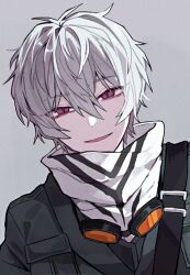 Rule 34 | 1boy, black coat, coat, goggles, goggles around neck, limbus company, looking at viewer, male focus, orange-tinted eyewear, pale skin, project moon, purple eyes, smile, solo, sonya (project moon), tinted eyewear, upper body, white hair, yono neie