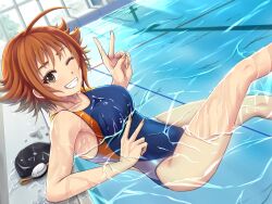 Rule 34 | 1girl, ahoge, blue one-piece swimsuit, breasts, brown eyes, brown hair, collarbone, competition swimsuit, double v, eyelashes, flipped hair, goggles, higeyagi, idolmaster, idolmaster cinderella girls, idolmaster cinderella girls starlight stage, in water, looking at viewer, medium breasts, nishijima kai, one-piece swimsuit, one eye closed, open mouth, pool, short hair, smile, solo, swim cap, swimsuit, v