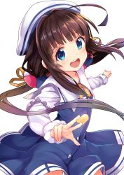 Rule 34 | 10s, 1girl, :d, ahoge, beret, between fingers, black hair, blue dress, blue eyes, board game, cowboy shot, dress, has bad revision, hat, highres, hinatsuru ai, holding, long hair, looking at viewer, low twintails, open mouth, ryuuou no oshigoto!, sailor collar, sailor dress, shogi, sidelocks, simple background, smile, solo, tareme, twintails, u rin, white background