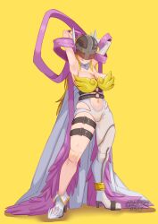 Rule 34 | 1girl, :q, absurdres, angel wings, angewomon, armpits, arms behind head, arms up, artist name, asymmetrical legwear, blonde hair, blush, bodysuit, breasts, cheeso art, cleavage, clothing cutout, commentary, covered eyes, detached collar, digimon, digimon (creature), elbow gloves, english commentary, feathered wings, full body, gloves, helmet, helmet over eyes, highres, large breasts, long hair, navel, navel cutout, nose blush, ribbon, simple background, single elbow glove, skindentation, smile, solo, thigh strap, tongue, tongue out, watermark, white bodysuit, white gloves, winged helmet, wings, yellow background
