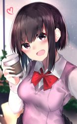 Rule 34 | 1girl, :d, black skirt, blurry, blurry background, blush, bow, bowtie, breasts, brown eyes, brown hair, coffee cup, collared shirt, commentary request, cup, depth of field, disposable cup, dress shirt, drinking straw, head tilt, heart, highres, holding, holding cup, long sleeves, looking at viewer, medium breasts, neku (neku draw), open mouth, original, pleated skirt, reaching, reaching towards viewer, red bow, red bowtie, school uniform, selfie, shirt, sidelocks, skirt, smile, solo, sweater vest, white shirt