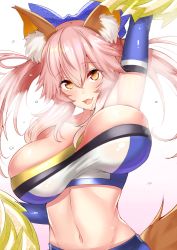 Rule 34 | 1girl, :d, adapted costume, animal ears, arm up, armpits, blue bow, blush, bow, breasts, cheerleader, fang, fate/grand order, fate (series), fox ears, fox tail, groin, hair bow, highres, large breasts, looking at viewer, navel, open mouth, pink hair, pom pom (cheerleading), sankakusui, skindentation, smile, solo, stomach, tail, tamamo (fate), tamamo no mae (fate/extra), unaligned breasts, upper body, yellow eyes