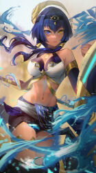 Rule 34 | 1girl, absurdres, black hairband, black shorts, blue eyes, blurry, blurry background, breasts, candace (genshin impact), cleavage, commentary, crop top, egyptian clothes, elbow gloves, english commentary, eye of horus, floating hair, genshin impact, gloves, gold trim, hair ornament, hairband, heterochromia, highres, holding, holding polearm, holding shield, holding weapon, long hair, looking at viewer, medium breasts, navel, parted lips, pelvic curtain, polearm, shield, short shorts, shorts, solo, stomach, thighlet, thighs, twintails, water, weapon, yellow eyes, yonesdraws