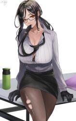Rule 34 | 1girl, biting, biting clothes, black bra, black gloves, black hair, black pantyhose, black skirt, bra, breasts, cleavage, collared shirt, formal, full body, gloves, hair between eyes, hair over one eye, high-waist skirt, highres, large breasts, long hair, long sleeves, looking at viewer, miniskirt, mole, mole on neck, mouth hold, necktie, necktie in mouth, necktie on mouth, nekotokage, nijisanji, official alternate costume, open clothes, open mouth, orange eyes, pantyhose, partially undressed, pencil skirt, semi-rimless eyewear, shirayuki tomoe, shirt, simple background, sitting, skirt, solo, striped clothes, striped shirt, torn clothes, torn pantyhose, underwear, virtual youtuber, white shirt