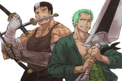 Rule 34 | 2boys, bandaged arm, bandaged hand, bandages, berserk, clenched teeth, collarbone, crossover, dragonslayer (sword), dual wielding, earrings, green hair, guts (berserk), haraya manawari, highres, holding, holding sword, holding weapon, huge weapon, japanese clothes, jewelry, katana, mechanical arms, mouth hold, multicolored hair, multiple boys, muscular, one eye closed, one piece, open mouth, prosthesis, roronoa zoro, scar, scar across eye, shirt, short hair, simple background, single earring, single mechanical arm, sleeveless, sleeveless shirt, sword, tank top, teeth, two-tone hair, weapon, weapon in mouth, weapon switch, white background