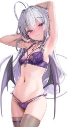 Rule 34 | 1girl, arm up, armpits, bare shoulders, black thighhighs, blush, bra, breasts, choker, closed mouth, commentary request, cowboy shot, demon wings, grey hair, highres, jewelry, kanzarin, long hair, low wings, navel, necklace, original, panties, purple bra, purple choker, purple eyes, purple panties, shinomiya kanna, simple background, small breasts, smile, stomach, thighhighs, thighs, underwear, underwear only, white background, wings