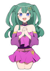 Rule 34 | 1girl, :d, bare shoulders, blue eyes, blunt ends, blush, cowboy shot, crop top, cropped legs, detached collar, detached sleeves, green hair, hair ornament, hands up, highres, idol clothes, interlocked fingers, long hair, looking at viewer, nojima minami, open mouth, own hands together, pink skirt, pretty series, pripara, purple sleeves, simple background, skirt, smile, solo, standing, straight-on, tsukikawa chili, two side up, white background, wide sleeves