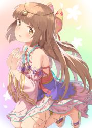 Rule 34 | 1girl, bare shoulders, blunt bangs, blush, bow, bridal garter, brown eyes, brown hair, cross-laced clothes, cross-laced legwear, detached sleeves, dress, flat chest, floral background, from side, gold trim, gradient background, hair bow, hair ornament, head chain, idolmaster, idolmaster cinderella girls, idolmaster cinderella girls starlight stage, japanese clothes, jewelry, kneeling, layered dress, long hair, looking at viewer, mamedenkyuu (berun), open mouth, own hands together, pink dress, sandals, smile, solo, thigh strap, very long hair, wide sleeves, yorita yoshino