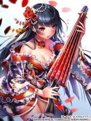 Rule 34 | 1girl, black hair, blush, breasts, character request, cleavage, closed umbrella, esphy, fighting stance, floral print, flower, hair flower, hair ornament, hen-shin-shou-jo metamol maiden, holding, holding umbrella, japanese clothes, kimono, long hair, long sleeves, medium breasts, open mouth, red eyes, solo, umbrella