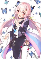 Rule 34 | 1girl, black collar, blue butterfly, blush, bug, butterfly, butterfly hair ornament, collar, fang, hair ornament, igano mitama, indie virtual youtuber, insect, japanese clothes, mozya, obi, open mouth, pink hair, red eyes, sash, simple background, single bare shoulder, solo, virtual youtuber, white background, white legwear