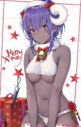 Rule 34 | 1girl, absurdres, bare arms, bare shoulders, bell, black cola, bow, box, breasts, christmas, closed mouth, commentary request, curled horns, dark-skinned female, dark skin, fate/prototype, fate/prototype: fragments of blue and silver, fate (series), flower, fur collar, gift, gift box, hair between eyes, hassan of serenity (fate), hassan of serenity (merry sheep) (fate), highres, horns, kunai, looking at viewer, medium breasts, merry christmas, navel, purple eyes, purple hair, red bow, red flower, ribbon-trimmed legwear, ribbon trim, sheep horns, skull print, smile, solo, star (symbol), striped, striped bow, thighhighs, underboob, weapon, white thighhighs, wool