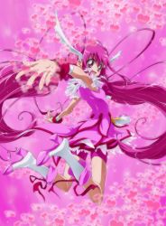Rule 34 | 10s, 1girl, :d, antenna hair, bike shorts, bike shorts under skirt, boots, cure happy, eyelashes, head wings, heart, highres, hoshizora miyuki, jumping, knee boots, long hair, open mouth, outstretched arms, pink background, pink eyes, pink hair, pink shorts, pink skirt, pink theme, precure, red ribbon, ribbon, shoe soles, shorts, shorts under skirt, skirt, smile, smile precure!, solo, sparkle, spread arms, tisk, twintails, very long hair, wings