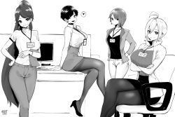 Rule 34 | 4girls, ahoge, arm support, artist name, bare arms, bare shoulders, breasts, chair, character name, collared shirt, commission, crossed arms, crossed legs, earrings, feet out of frame, full body, greyscale, hand on own hip, hands in pockets, head tilt, high-waist skirt, high ponytail, highres, id card, indoors, jacket, jewelry, lanyard, large breasts, long hair, looking at viewer, medium breasts, miniskirt, monitor, monochrome, multiple girls, norman maggot, office chair, office lady, olive laurentia, original, pants, pantyhose, pencil skirt, pixie cut, shirt, short hair, short sleeves, sitting, skirt, sleeveless, sleeveless shirt, smile, standing, swivel chair, thighband pantyhose, very long hair