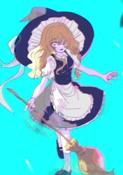 Rule 34 | 1girl, apron, black footwear, black hat, black skirt, black vest, blonde hair, blue background, blurry, bow, braid, broom, buttons, chromatic aberration, constricted pupils, depth of field, frilled skirt, frills, full body, hair over one eye, hat, hat bow, highres, holding, holding broom, kirisame marisa, long hair, looking at viewer, mary janes, open mouth, puffy short sleeves, puffy sleeves, shirt, shoes, short sleeves, single braid, skirt, skirt set, soft focus, solo, standing, touhou, vest, waist apron, walking, wavy hair, white apron, white bow, white legwear, white shirt, witch hat, y kirisame sk, yellow eyes