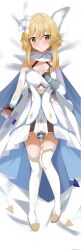 Rule 34 | 1girl, arm at side, bare shoulders, bed sheet, blonde hair, blush, boots, closed mouth, commentary request, dakimakura (medium), dress, eyes visible through hair, flower, genshin impact, hair between eyes, hair flower, hair ornament, halterneck, hand on own chest, hand up, highres, holding, holding sword, holding weapon, kirisame oreo, knees together feet apart, lily (flower), looking at viewer, lumine (genshin impact), lying, off-shoulder dress, off shoulder, on back, short hair with long locks, smile, solo, split mouth, sword, thigh boots, tsurime, weapon, white dress, white footwear, yellow eyes