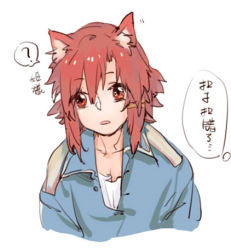 Rule 34 | 10s, 1girl, animal ears, cat ears, chinese text, izetta, lowres, red eyes, red hair, short hair, shuumatsu no izetta, simple background, solo, translation request, white background, wu wei cong