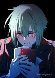 Rule 34 | 1boy, asticassia school uniform, black background, blue shirt, blush, book, clenched teeth, crying, crying with eyes open, elan ceres, furrowed brow, green eyes, green hair, gundam, gundam suisei no majo, hair between eyes, heeparang, highres, holding, holding book, long sleeves, looking down, male focus, own hands together, school uniform, shadow, shirt, short hair, sidelocks, signature, simple background, solo, streaming tears, tears, teeth, upper body