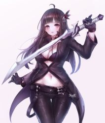 Rule 34 | 1girl, artist name, belt, black bra, black gloves, black hair, black pants, blunt bangs, blush, bra, breasts, brown eyes, character request, cleavage, closed mouth, collar, cowboy shot, gloves, hair ornament, heart, holding, holding sword, holding weapon, long hair, long sleeves, looking at viewer, maplestory, maplestory 2, navel, pants, shale, simple background, solo, stomach, sword, thigh gap, underwear, weapon