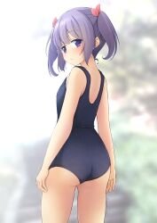 Rule 34 | 1girl, ass, bare arms, bare shoulders, blue one-piece swimsuit, blurry, blurry background, blush, closed mouth, commentary request, depth of field, from behind, hair ribbon, highres, looking at viewer, looking back, old school swimsuit, one-piece swimsuit, original, purple eyes, purple hair, red ribbon, ribbon, school swimsuit, shibacha, solo, swimsuit, twintails