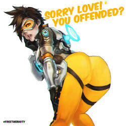 Rule 34 | 1girl, absurdres, ass, bodysuit, brown hair, commentary, english text, goggles, highres, jacket, looking at viewer, monori rogue, open mouth, overwatch, overwatch 1, short hair, skin tight, solo, spiked hair, tracer (overwatch), visor