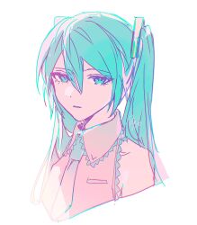 Rule 34 | 1girl, agyou sonokou l, bare shoulders, blue eyes, blue hair, blue necktie, collared shirt, cropped torso, dot nose, frilled shirt, frills, grey shirt, hair between eyes, hatsune miku, highres, long hair, looking at viewer, necktie, parted lips, shirt, sidelocks, signature, simple background, sleeveless, sleeveless shirt, solo, twintails, vocaloid, white background
