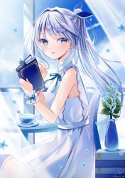 Rule 34 | 1girl, bare shoulders, blue eyes, blue flower, blue ribbon, blue sky, book, bookmark, commentary request, cup, curtains, day, dress, flower, grey hair, hair intakes, hair ribbon, hands up, highres, holding, holding book, indoors, long hair, looking at viewer, looking to the side, original, parted lips, ponytail, ribbon, sakura hiyori, sky, sleeveless, sleeveless dress, smile, solo, table, teacup, transparent, vase, very long hair, white dress, wrist cuffs