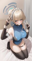 Rule 34 | 1girl, bed sheet, black gloves, black thighhighs, blonde hair, blue archive, blue eyes, blush, breasts, bun cover, closed mouth, covered navel, double v, earpiece, elbow gloves, fingerless gloves, gloves, groin, hair bun, highres, indoors, large breasts, looking at viewer, maid headdress, ochya, short hair, single hair bun, solo, thigh strap, thighhighs, toki (blue archive), v