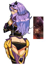 Rule 34 | 1girl, 3amsoda, absurdres, armor, ass, black panties, boots, butt crack, camilla (fire emblem), commentary, crossed arms, english commentary, expressionless, fake horns, fire emblem, fire emblem fates, from behind, greaves, highres, horns, long hair, looking to the side, nintendo, panties, purple eyes, purple footwear, purple hair, reference inset, screenshot inset, simple background, solo, thigh boots, underwear, white background