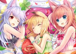 Rule 34 | 3girls, :d, animal ears, arm behind head, bare shoulders, bed sheet, blonde hair, blue eyes, blush, bow, breasts, camisole, closed eyes, clover, crop top, fang, four-leaf clover, fox ears, fox tail, hair ornament, long hair, low twintails, lying, medium breasts, midriff, multiple girls, navel, on side, one eye closed, open mouth, original, panties, paw print, pillow, red eyes, red hair, sideboob, silver hair, sleeping, small breasts, smile, striped clothes, striped panties, tail, tank top, twintails, u rin, underwear, upper body, wristband, yawning