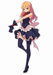 Rule 34 | 1girl, bare arms, bare shoulders, black footwear, black gloves, black thighhighs, blonde hair, blue eyes, bow, braid, brooch, fkey, full body, gloves, half updo, high heels, highres, jewelry, looking at viewer, original, shirt, shoes, simple background, skirt, skirt set, sleeveless, sleeveless shirt, smile, solo, standing, standing on one leg, thighhighs, white background, zettai ryouiki