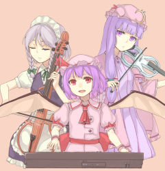 Rule 34 | 3girls, apron, ascot, bat wings, bow, bow (music), braid, cello, closed eyes, crescent, crescent hair ornament, double bun, dress, eyelashes, fangs, fingernails, hair bow, hair bun, hair ornament, hat, hat ribbon, head tilt, instrument, izayoi sakuya, keyboard (instrument), light purple hair, long hair, looking at viewer, maid headdress, mob cap, multiple girls, open mouth, patchouli knowledge, peroncho, pink background, puffy short sleeves, puffy sleeves, purple eyes, purple hair, red eyes, remilia scarlet, ribbon, robe, sash, short hair, short sleeves, sidelocks, silver hair, simple background, skirt, skirt set, striped clothes, striped dress, touhou, twin braids, very long hair, violin, waist apron, wings, wrist cuffs