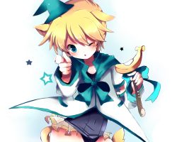 Rule 34 | 1boy, animal ears, aqua eyes, bad id, bad pixiv id, banana, blonde hair, crossdressing, food, fruit, hat, highres, kagamine len, kagamine len no bousou (vocaloid), magical boy, magical girl, male focus, one-piece swimsuit, school swimsuit, solo, suzugo@erorin, swimsuit, swimsuit under clothes, tail, trap, vocaloid, wand, wink, witch hat