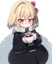 Rule 34 | 1girl, alternate costume, artist name, black cape, blonde hair, bright pupils, cape, cup, fur-trimmed hood, fur trim, hair ribbon, highres, holding, holding cup, hood, looking at food, medium hair, red eyes, ribbon, rumia, simple background, sitting, steam, tekina (chmr), thick eyebrows, touhou, triangle mouth, white background, white pupils