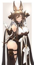 Rule 34 | 1girl, absurdres, animal ears, ass, bare shoulders, breasts, brown hair, brown thighhighs, closed eyes, closed mouth, cowboy shot, detached sleeves, earrings, extra ears, fox ears, frills, galleon (granblue fantasy), gloves, granblue fantasy, hair between eyes, highres, horns, jewelry, large breasts, long hair, maid, maid headdress, multicolored hair, nakonbu, pointy ears, sidelocks, skindentation, smile, solo, standing, streaked hair, thigh strap, thighhighs, twitter username, very long hair, white gloves