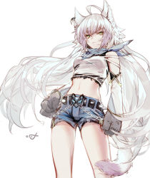 Rule 34 | 1girl, ahoge, animal ears, animal hands, atalanta (fate), atalanta alter (fate), bare shoulders, belt, blue shorts, breasts, camisole, cat ears, cat tail, chain, closed mouth, contemporary, crop top, csyday, cutoffs, denim, denim shorts, detached sleeves, earrings, fate/apocrypha, fate (series), green eyes, grey hair, grey scarf, jewelry, long hair, looking at viewer, medium breasts, midriff, navel, scarf, short shorts, shorts, simple background, single earring, slit pupils, tail, thighs, white background, white camisole