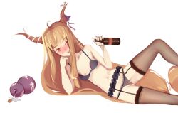 Rule 34 | 1girl, ahoge, arm support, black bra, black panties, black thighhighs, blush, bottle, bra, breasts, commentary, drunk, english commentary, erroten, garter belt, gourd, holding, holding bottle, ibuki suika, lace, lace-trimmed panties, lace trim, light brown hair, lingerie, long hair, low-tied long hair, nipple slip, nipples, nose blush, panties, see-through panties, sidelocks, simple background, small breasts, solo, thighhighs, touhou, underwear, underwear only, very long hair, white background, yellow eyes