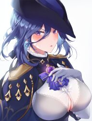 Rule 34 | 1girl, black bra, blue hair, blue hat, blush, bra, bra visible through clothes, breasts, cleavage, clorinde (genshin impact), embarrassed, epaulettes, genshin impact, gloves, hat, helawid, jewelry, lace, lace-trimmed bra, lace trim, large breasts, long hair, looking at viewer, purple eyes, see-through, see-through shirt, shirt, solo, tricorne, underwear, vision (genshin impact), wet, wet clothes, wet shirt, white gloves, white shirt