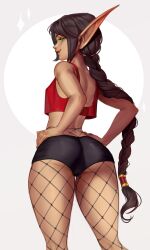 Rule 34 | 1girl, absurdres, bare arms, bare shoulders, black shorts, braid, breasts, brown hair, commentary, crop top, elf, english commentary, fishnet pantyhose, fishnets, from behind, green eyes, hand on own hip, highres, long hair, long pointy ears, looking at viewer, looking back, maewix (artist), micro shorts, original, pantyhose, pantyhose under shorts, pointy ears, red lips, red tank top, shorts, simple background, single braid, small breasts, smile, solo, tank top, very long hair