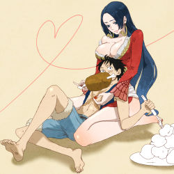 Rule 34 | 1boy, 1girl, amazon warrior, barefoot, black gloves, black hair, blush, boa hancock, breast rest, breasts, breasts on head, cleavage, couple, earrings, feet, food, fork, gloves, heart, heart of string, jewelry, large breasts, long hair, meat, monkey d. luffy, one piece, short hair, shorts, very long hair, xla009