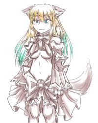 Rule 34 | 1girl, :3, animal ear fluff, animal ears, animal hands, aqua hair, bare shoulders, blonde hair, blue eyes, breasts, bwsnowy, claws, cu sith (monster girl encyclopedia), dog ears, dog tail, gradient hair, highres, humanization, medium breasts, monster girl, monster girl encyclopedia, multicolored hair, paw print, revealing clothes, simple background, sketch, skirt, solo, stomach, tail, two-tone hair, underboob, white background, wide sleeves