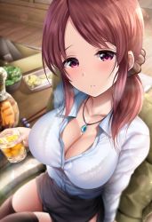 Rule 34 | 1girl, alcohol, arm support, bad id, bad twitter id, black skirt, black thighhighs, blush, bra, bra visible through clothes, breasts, brown hair, cleavage, collarbone, cup, garana, hair ornament, hair scrunchie, highres, holding, holding cup, idolmaster, idolmaster cinderella girls, jewelry, lace, lace-trimmed bra, lace trim, large breasts, long hair, long sleeves, looking at viewer, mifune miyu, miniskirt, parted lips, pencil skirt, ponytail, scrunchie, see-through, shirt, sitting, skindentation, skirt, solo, sweat, thighhighs, turquoise (gemstone), underwear