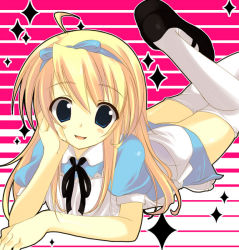 Rule 34 | 1boy, alice (alice in wonderland), alice (alice in wonderland) (cosplay), alice in wonderland, apron, atlus, blonde hair, blue dress, blue eyes, cosplay, crossdressing, dress, enomoto hina, hairband, kuma (persona 4), long hair, lying, male focus, mary janes, on stomach, persona, persona 4, shoes, solo, thighhighs, trap